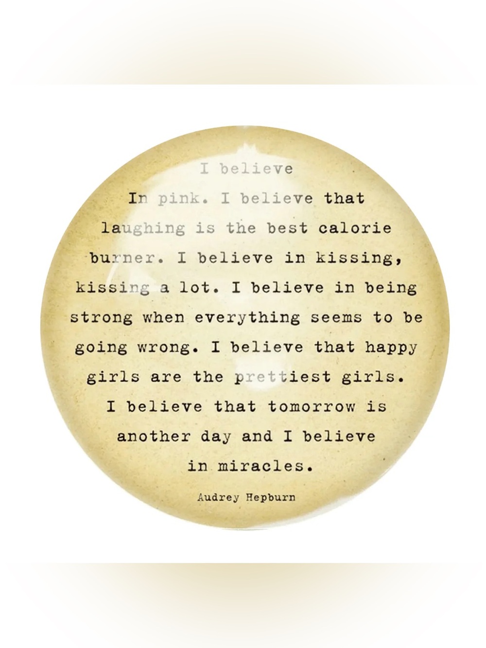 Sugarboo & Co. Glass Paperweight with Audrey Hepburn Quote “I believe in pink…”